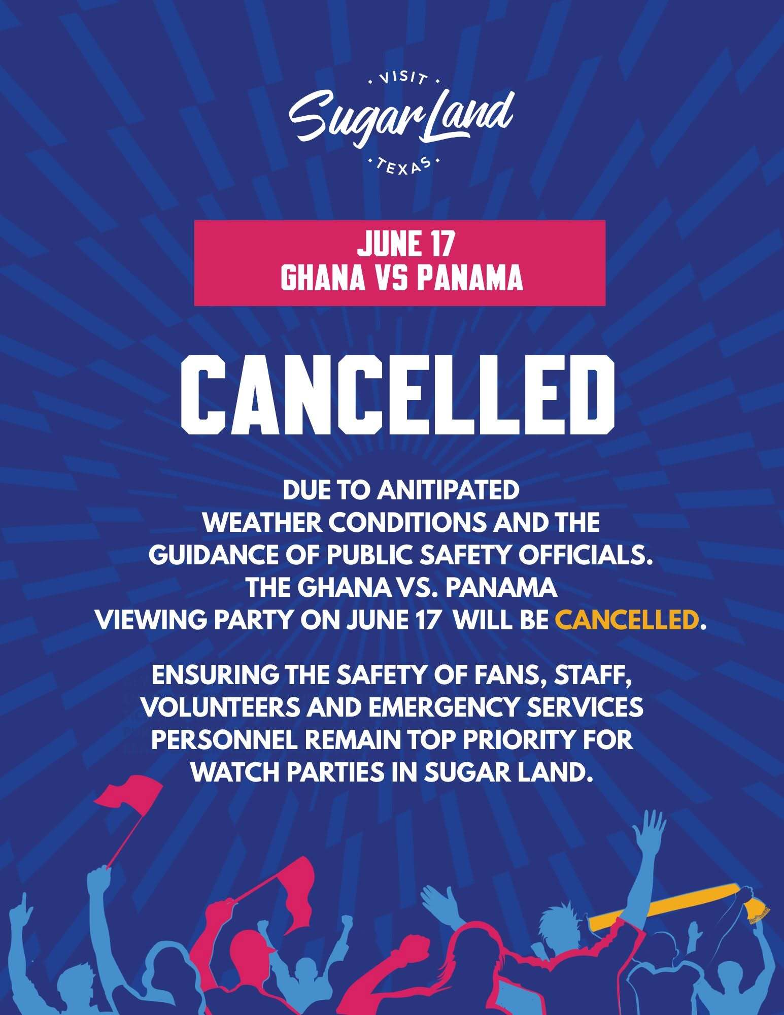 FIFA World Cup 2026 Wednesday Watch Party in Sugar Land canceled due to anticipated weather conditions
