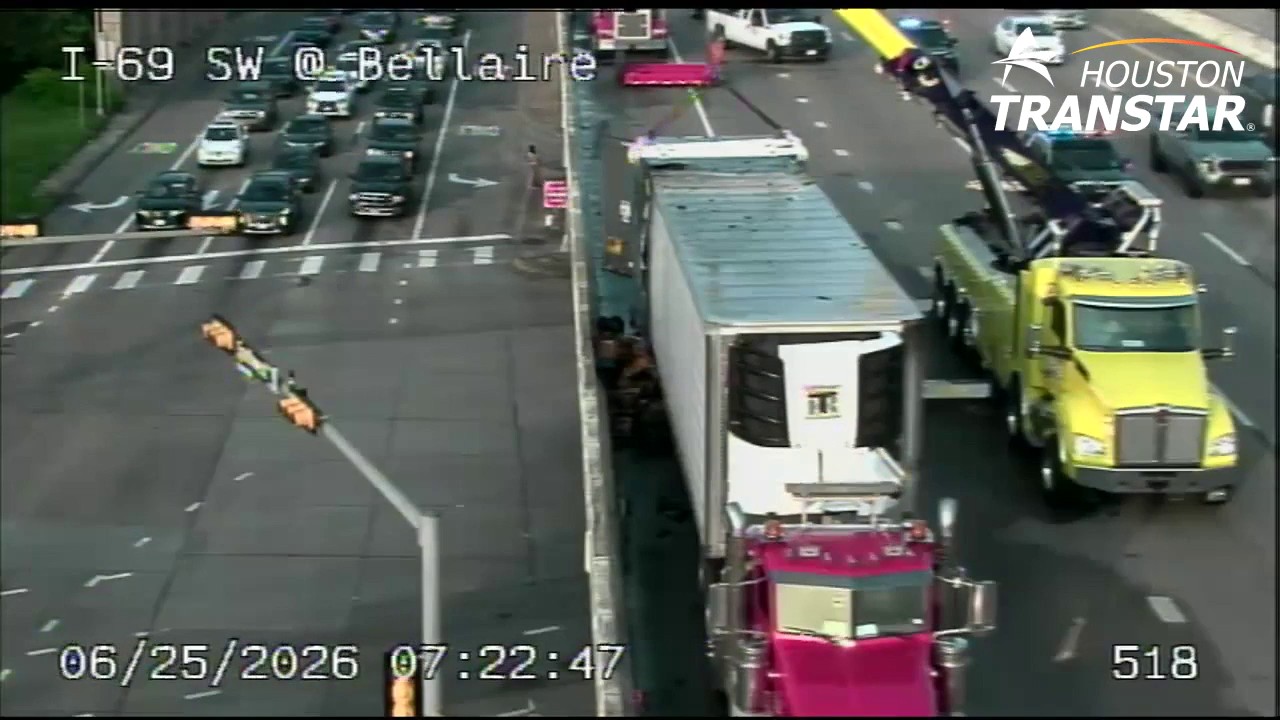 Traffic alert: US-59 lanes at Bellaire closed after truck fire, hazmat spill