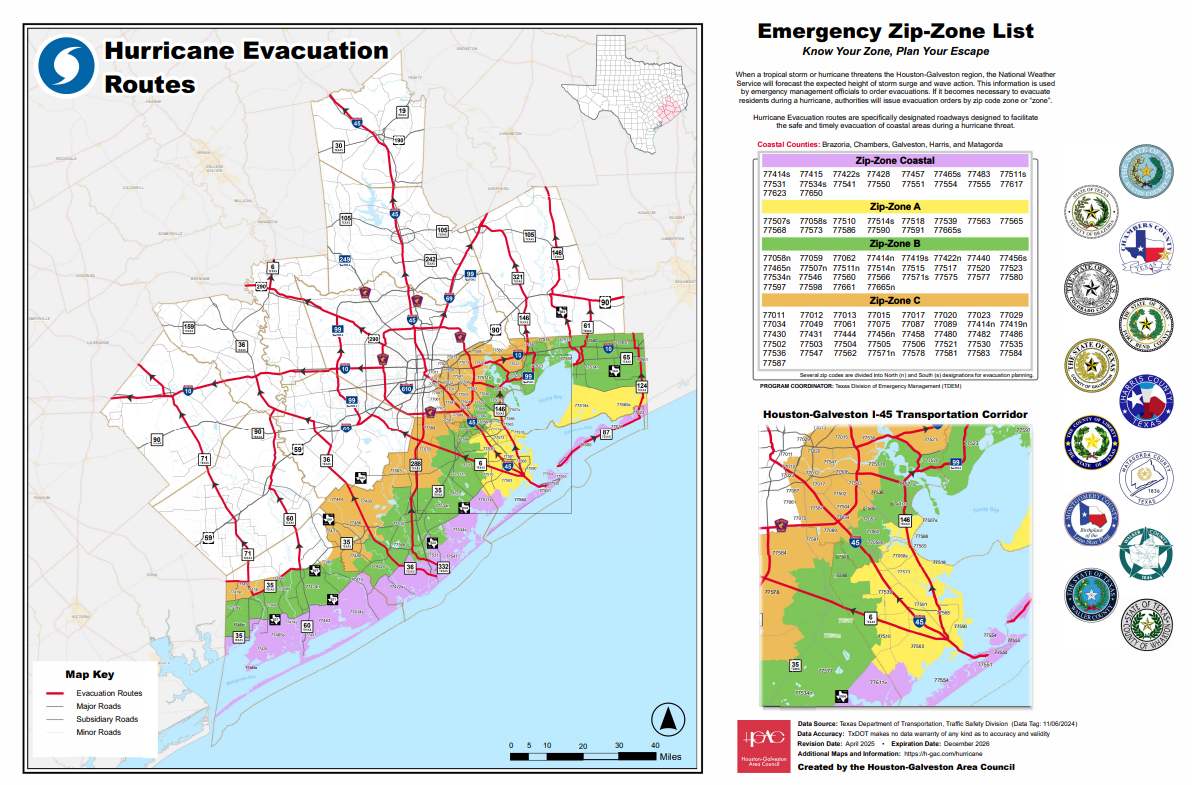 Houston evacuation routes, zones by zip code for 2026 hurricane season